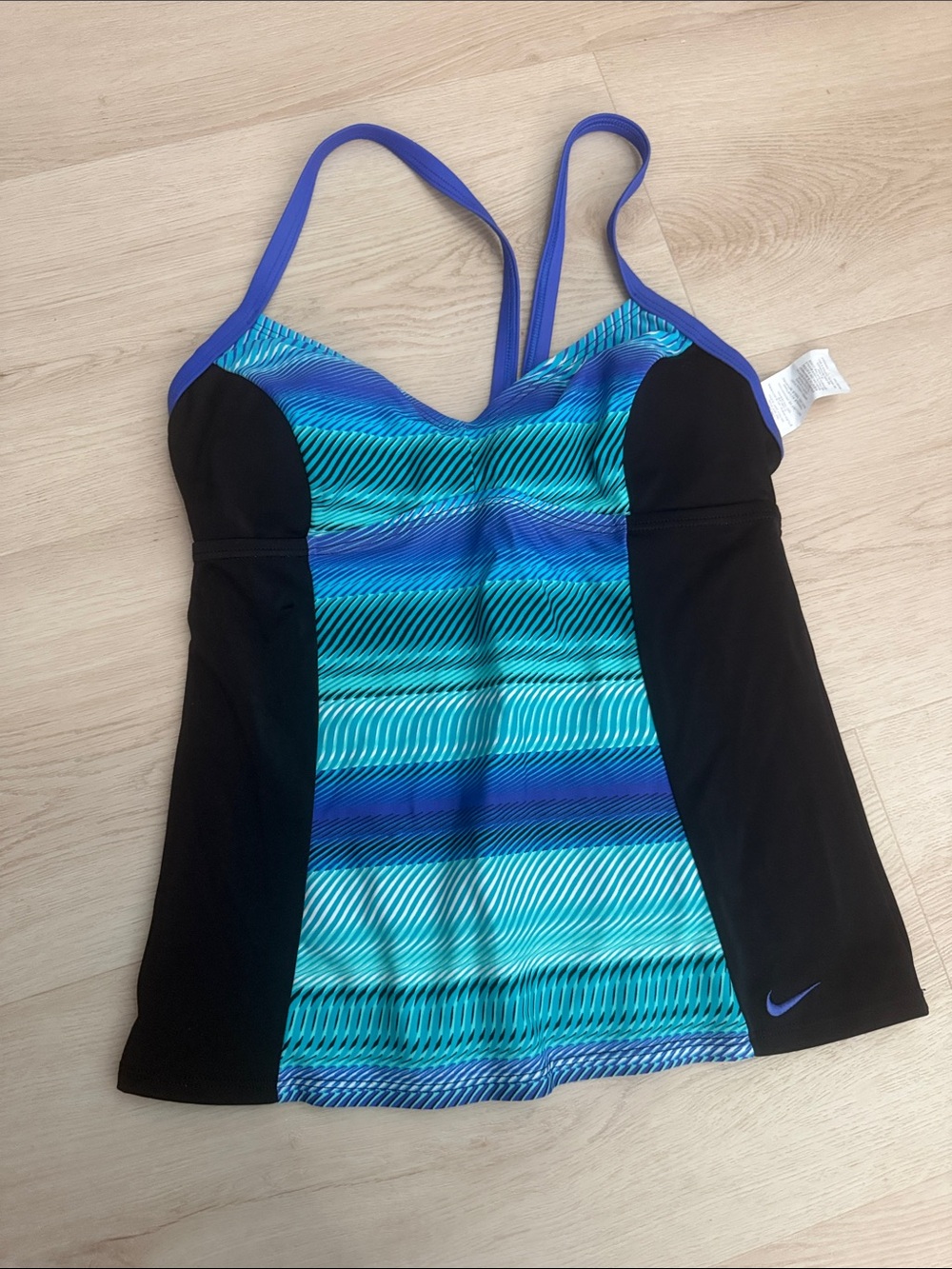 Nike Blue & Teal Striped Tankini Top with Black Panels swim tankini